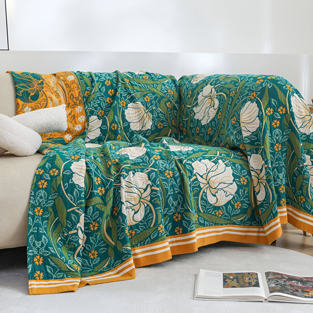 Green Botanical Bloom Cotton Blanket — product close-up