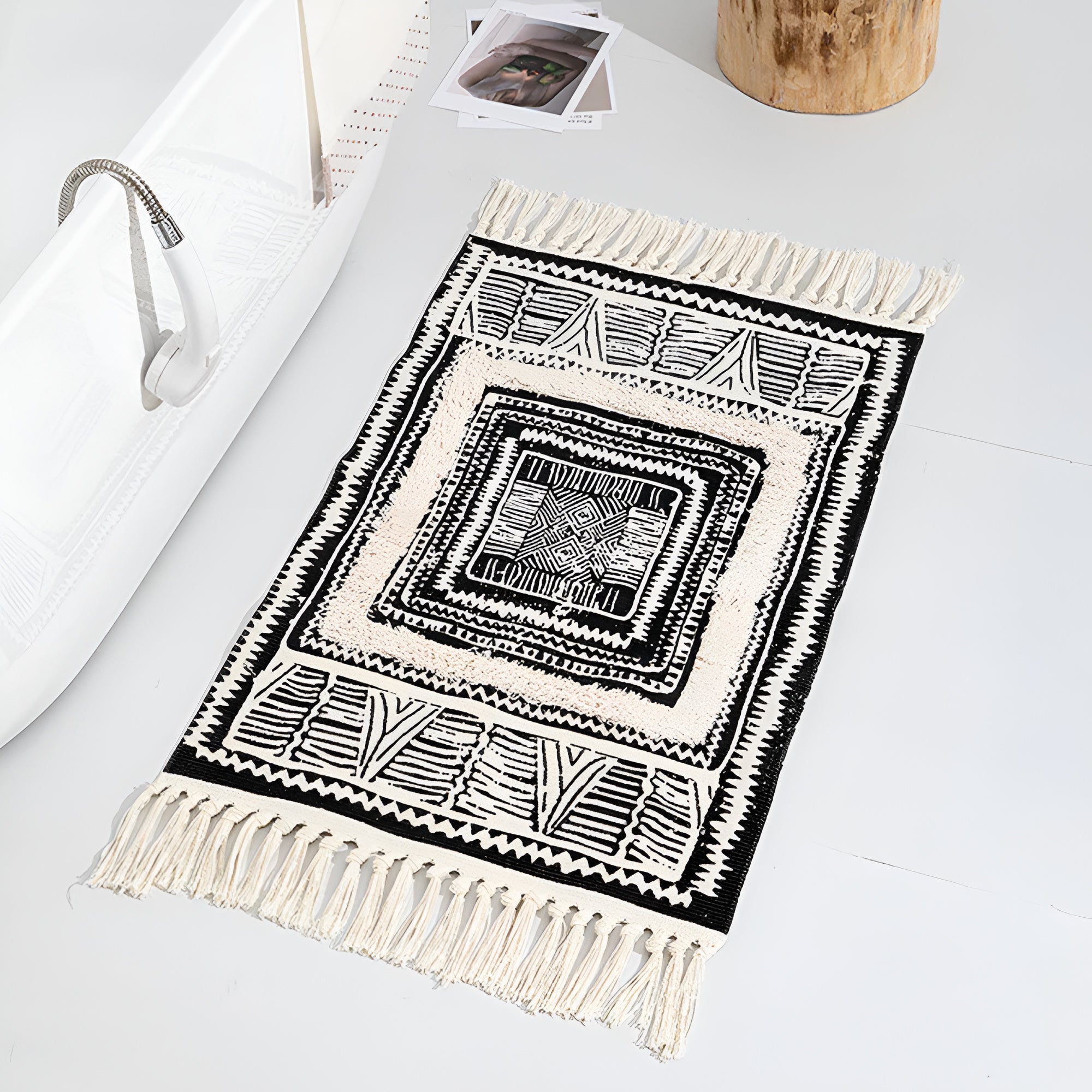Black and White Geometric Tassel Floor Mat — product in use