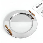 Elegant Stainless Steel Round Tray with Wooden Handles — product close-up