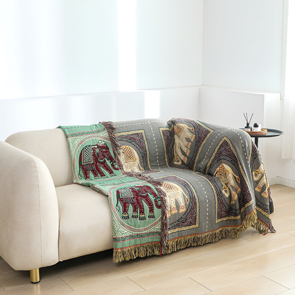 Bohemian Elephant Print Tassel Blanket — product close-up