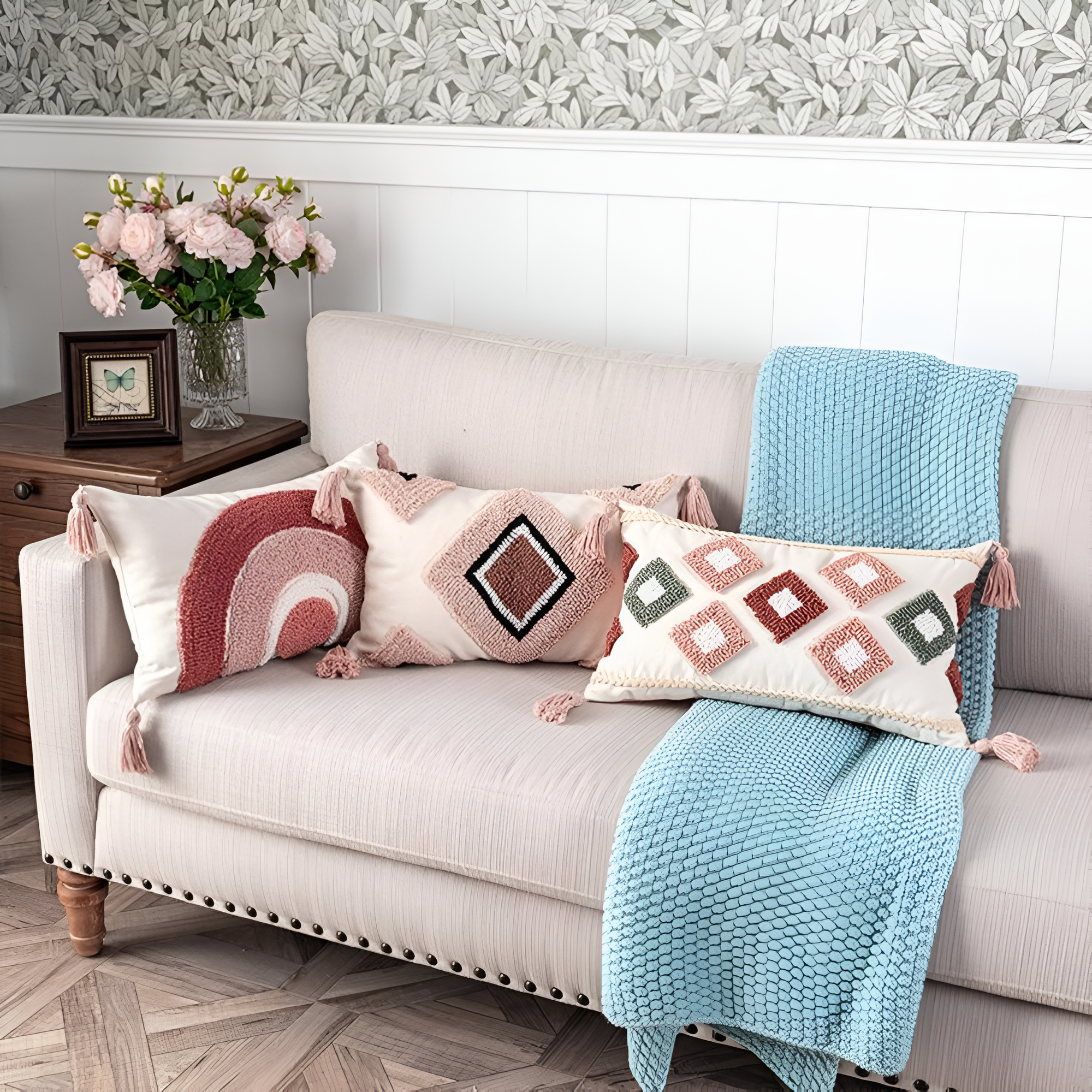 Tufted Embroidered Boho Cushion Cover — product close-up