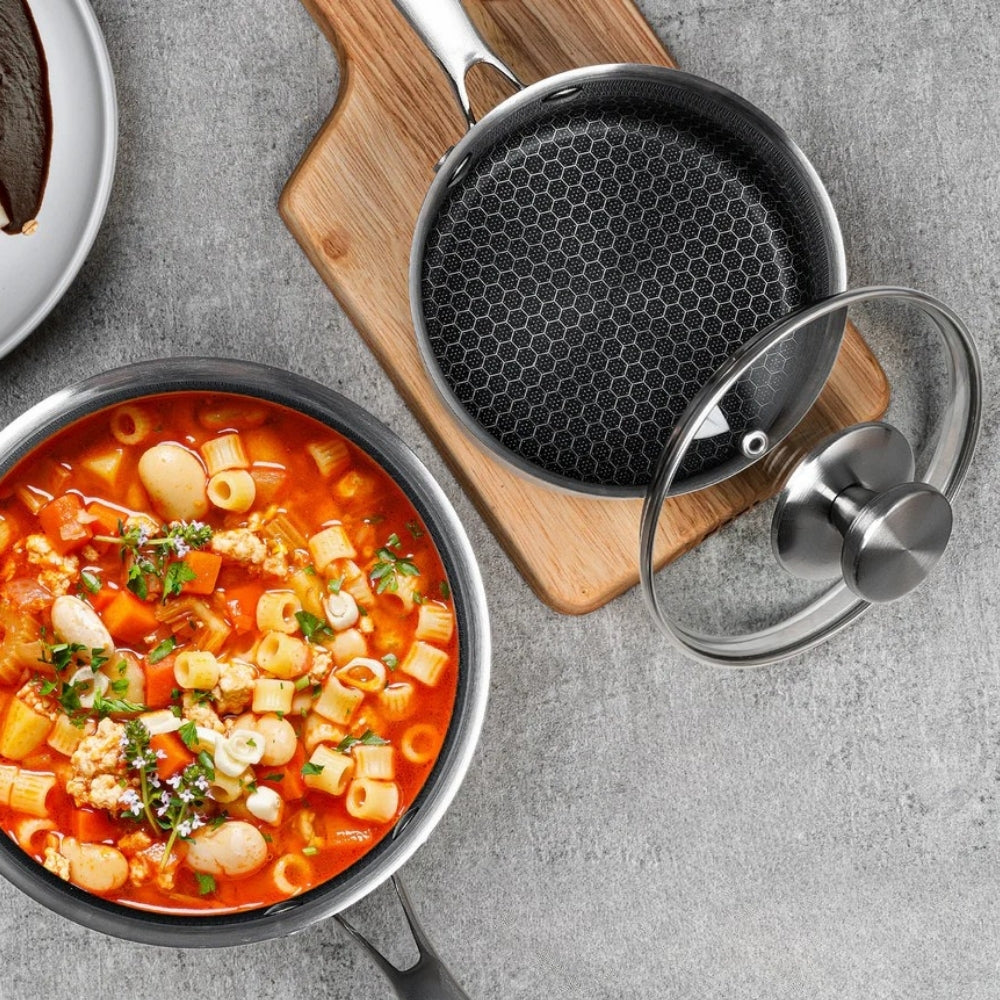 Modern Stainless Steel Saucepan with Glass Lid — lifestyle shot