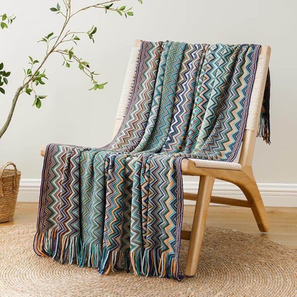 Multicolour Zigzag Tasseled Knit Throw — alternate angle view