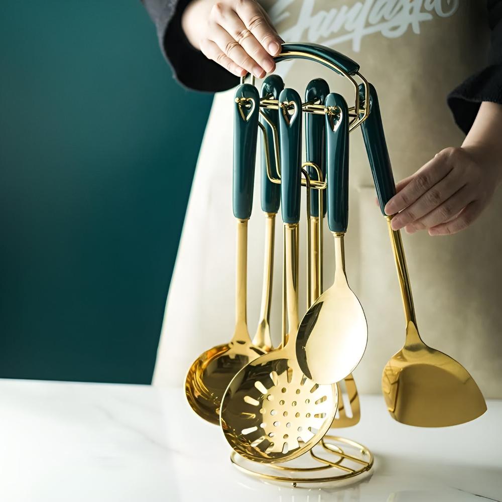 Golden Stainless Steel Utensil Set — product in use
