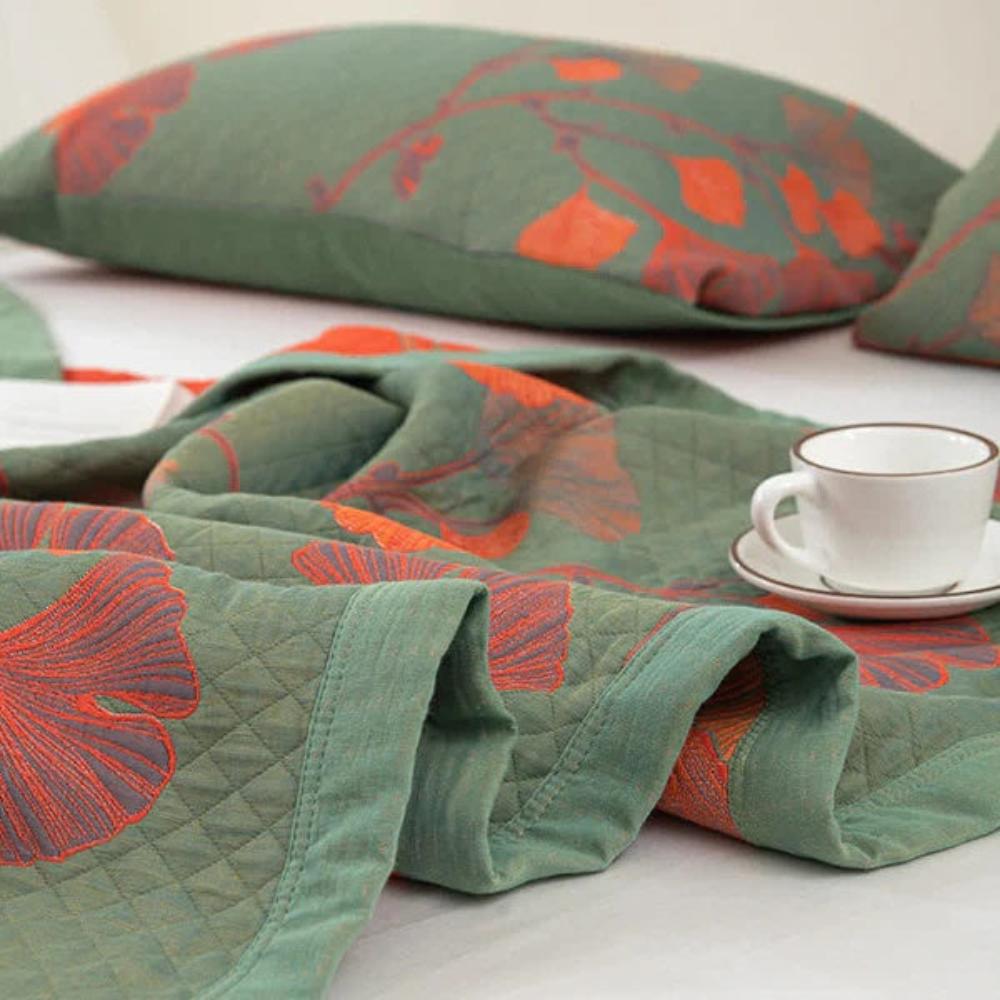 Ginkgo Orange Leaf Floral Pattern Coverlet — lifestyle shot