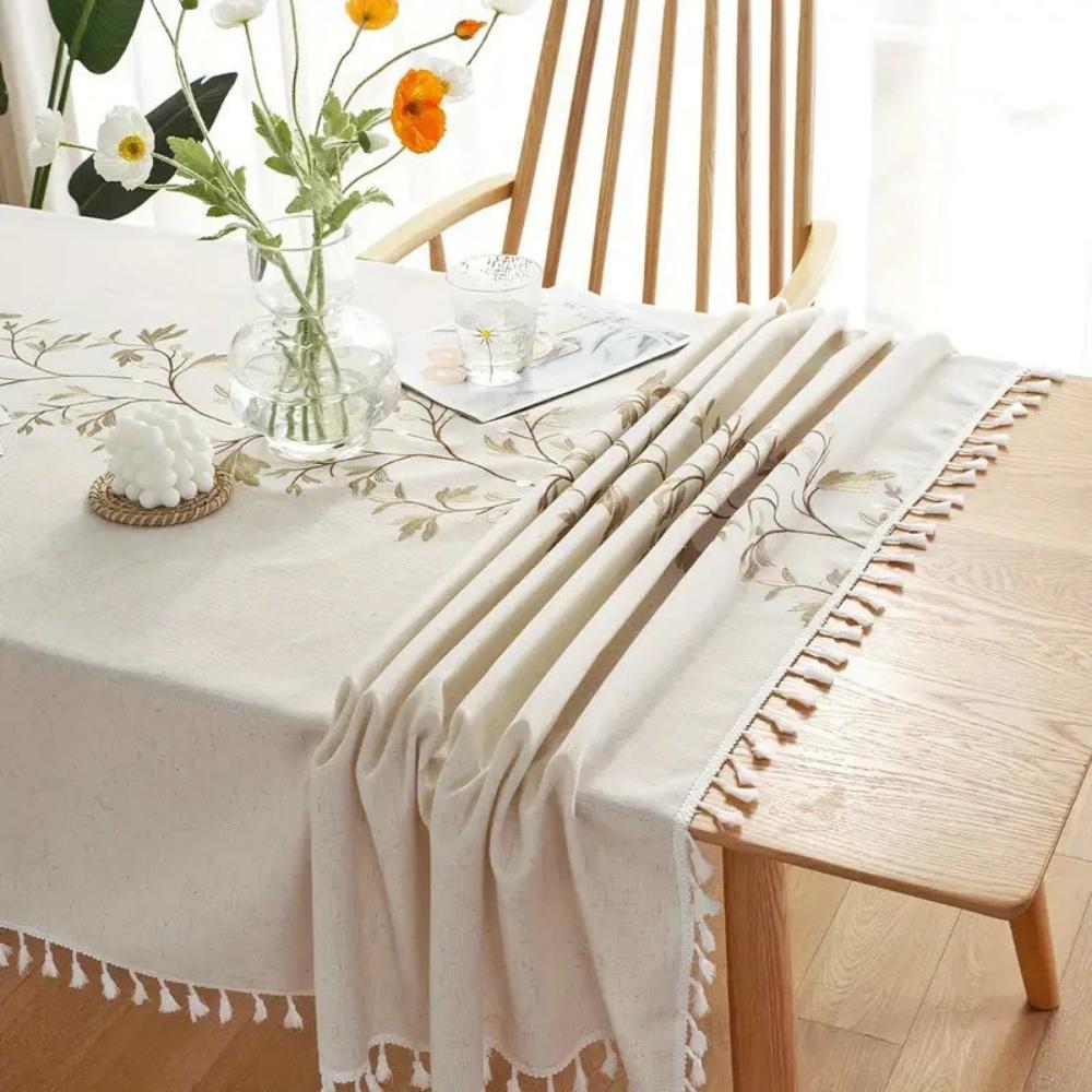 Embroidered Floral Tassel Tablecloth — product detail view