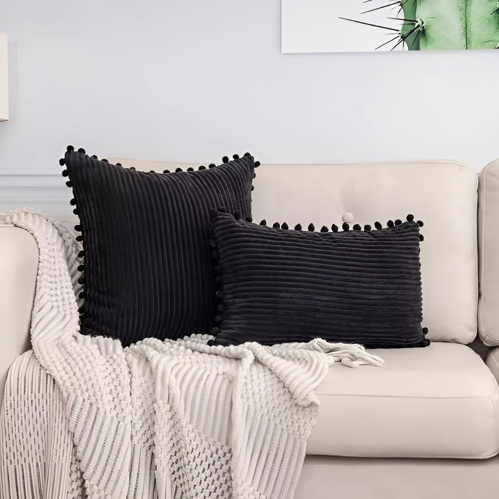 Plush Ribbed Pom-Pom Cushion Cover — alternate angle view