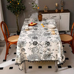 Black Floral Tasseled Farmhouse Tablecloth — product detail view
