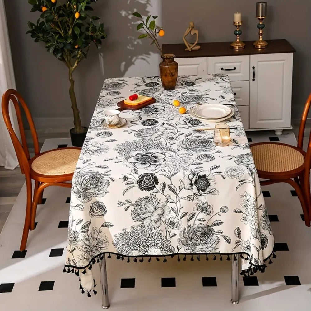 Black Floral Tasseled Farmhouse Tablecloth — product detail view