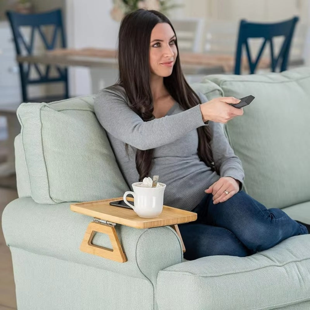 Adjustable Bamboo Clip-On Arm Tray Table — product in use