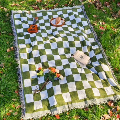 All-Season Checkered Picnic Blanket with Fringe — product detail view