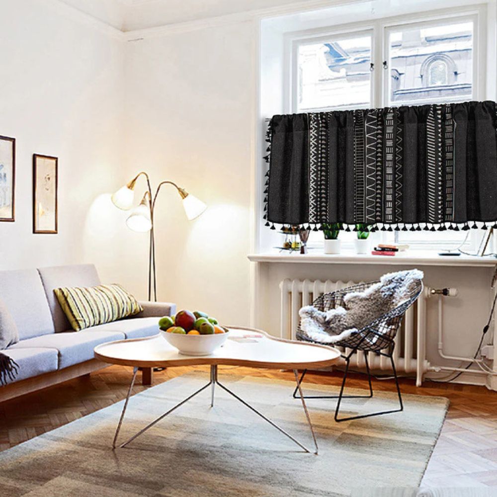Black Geometric Tribal Tassel Cabinet Curtain — product close-up