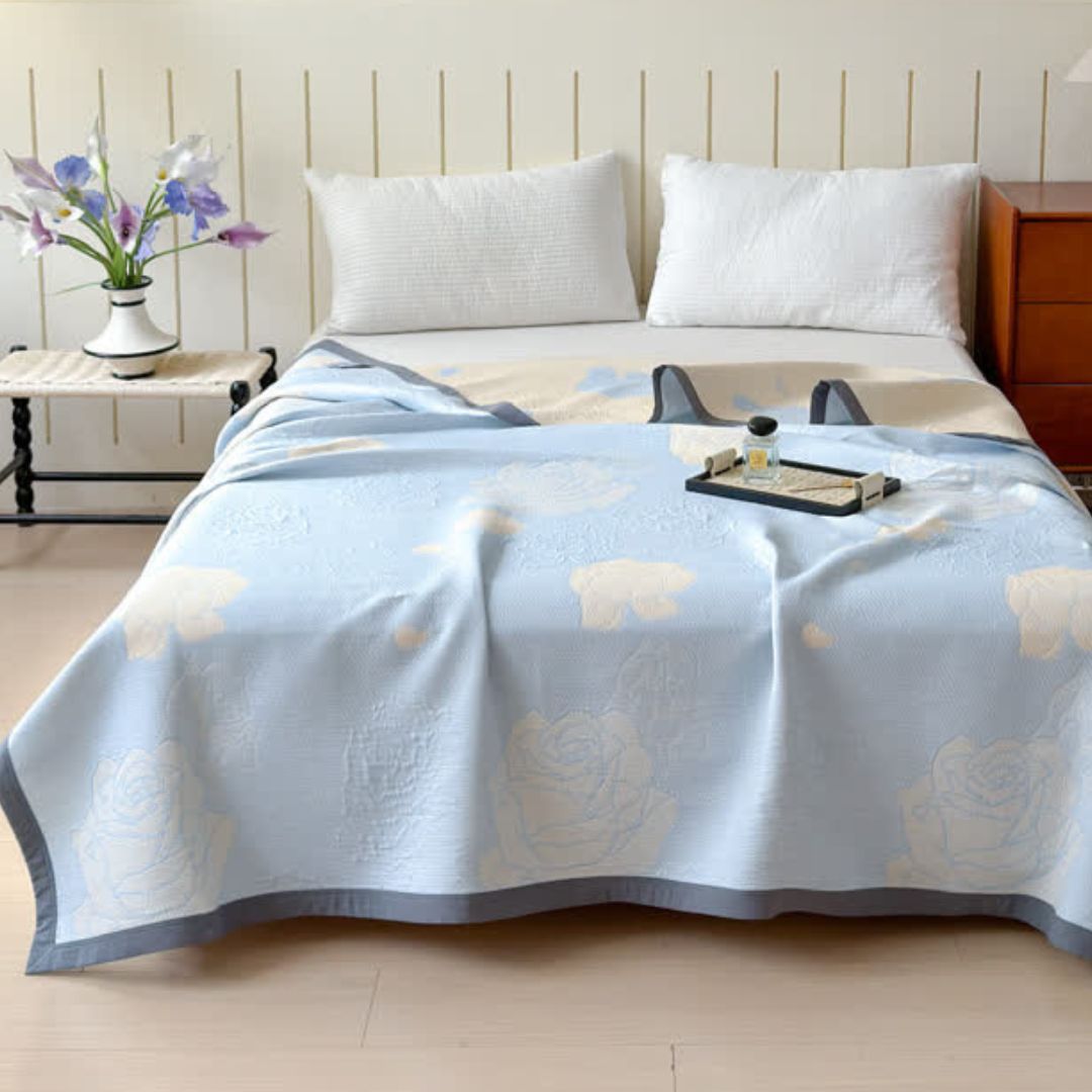 Blue Rose Bloom Cotton Blanket — product in use