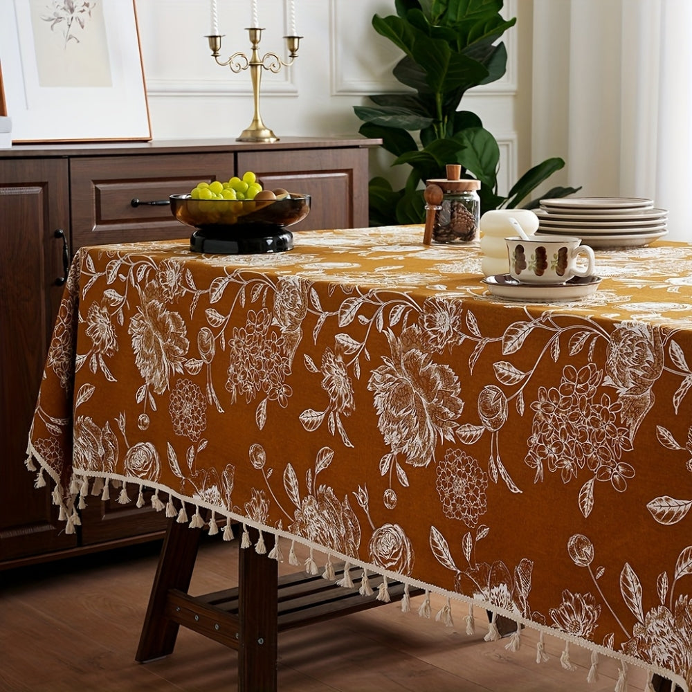 Peacock Blossom Boho Floral Tablecloth with Tassel — product feature detail