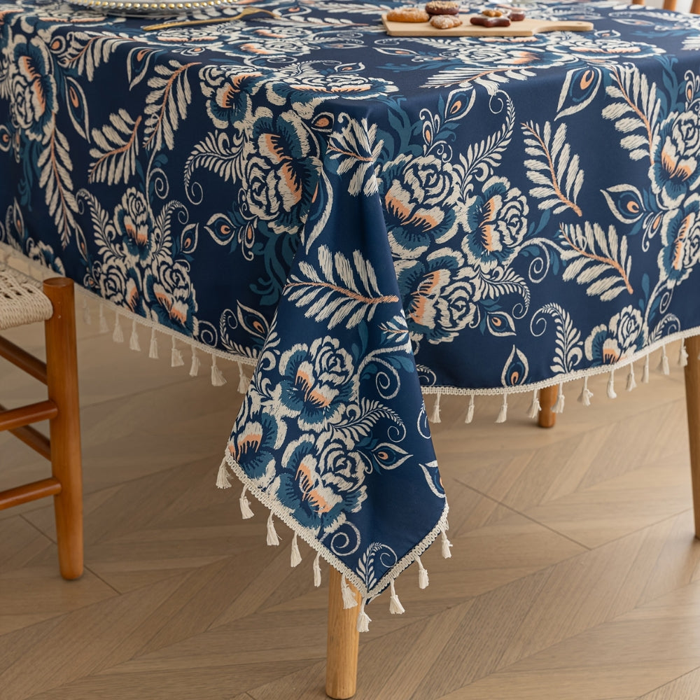Peacock Blossom Boho Floral Tablecloth with Tassel — additional view