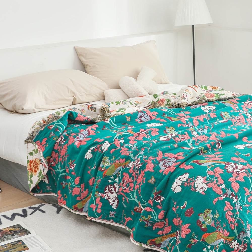 Botanic Bluebird Reversible Cotton Blanket — product detail view