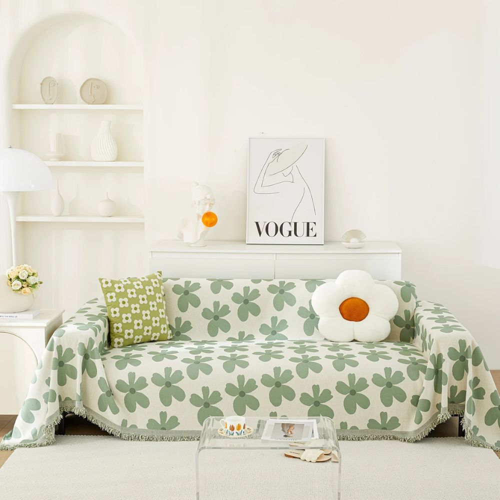 Cheerful Flower Tassel Sofa Cover — product in use