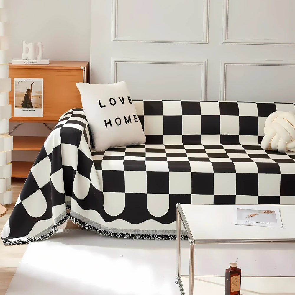 Chess Board Chic Tasseled Sofa Cover — product detail view
