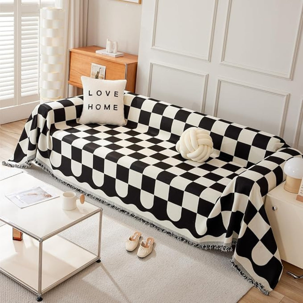 Chess Board Chic Tasseled Sofa Cover — additional view