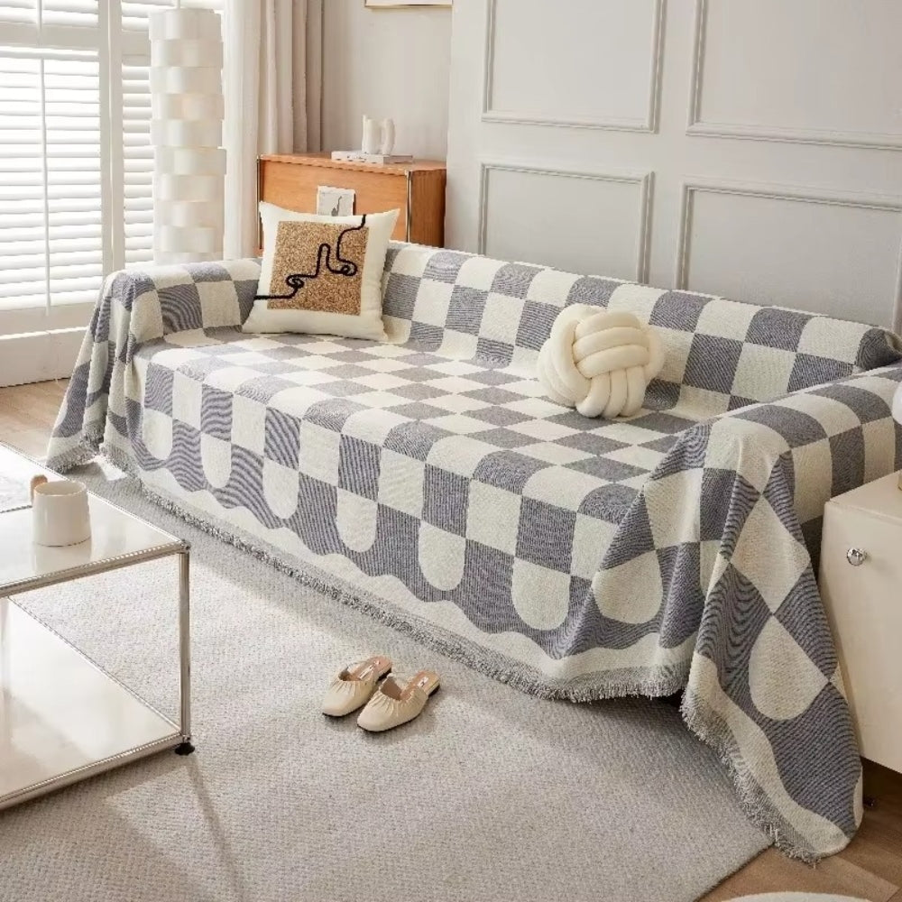 Chess Board Chic Tasseled Sofa Cover — alternate angle view