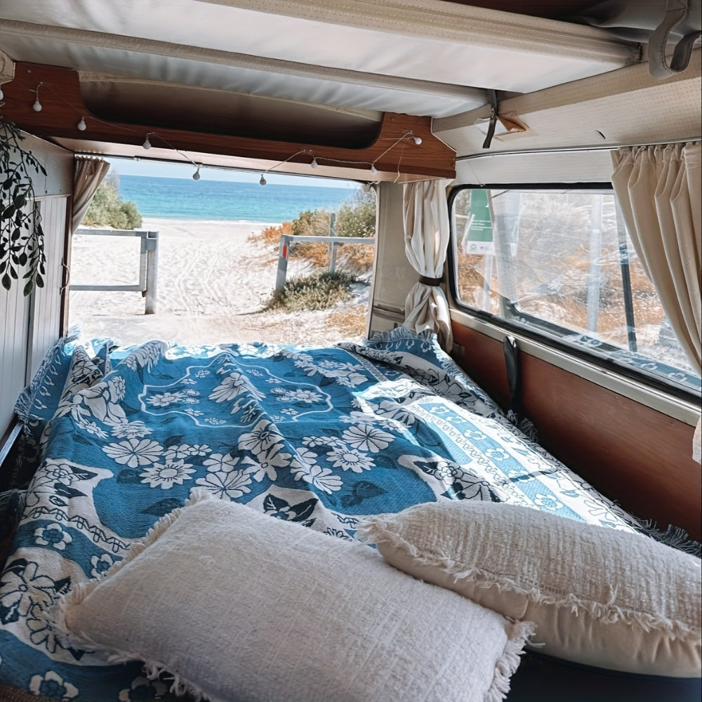 Blue Daisy Bloom Boho Travel Outdoor Blanket — lifestyle shot