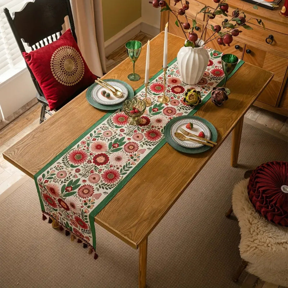 Embroidered Floral Tassel Table Runner — product detail view
