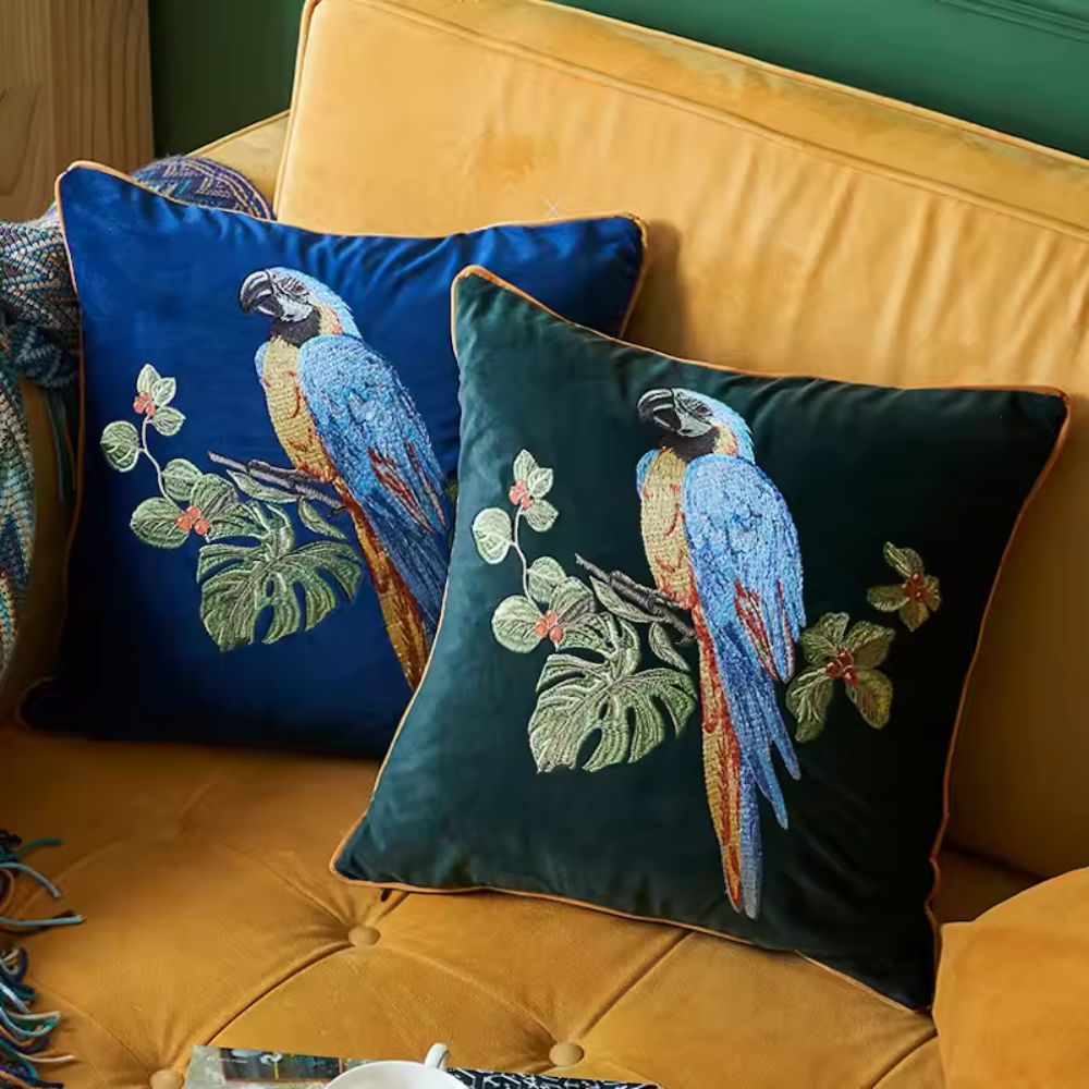 Embroidered Parrot Cushion — main product photo