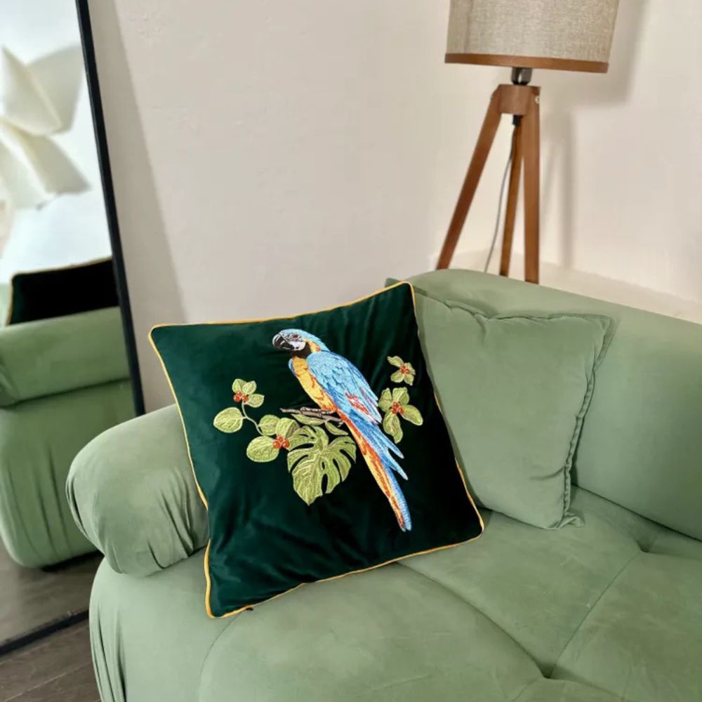 Embroidered Parrot Cushion — product detail view