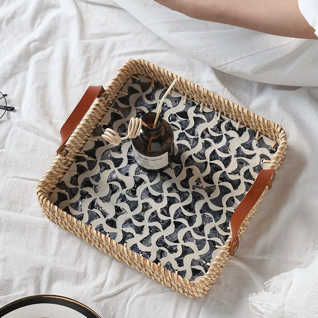 Farmhouse Rattan Tray in Assorted Patterns — product feature detail