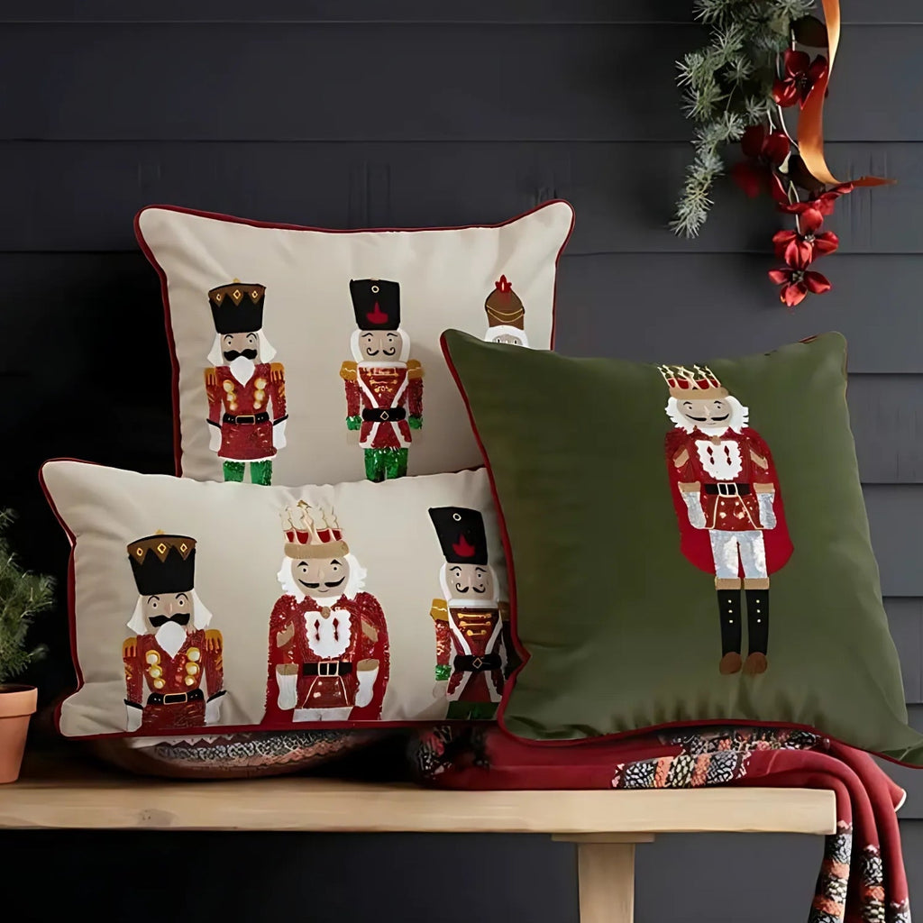 Festive Nutcracker Embroidered Christmas Cushion Cover — product in use