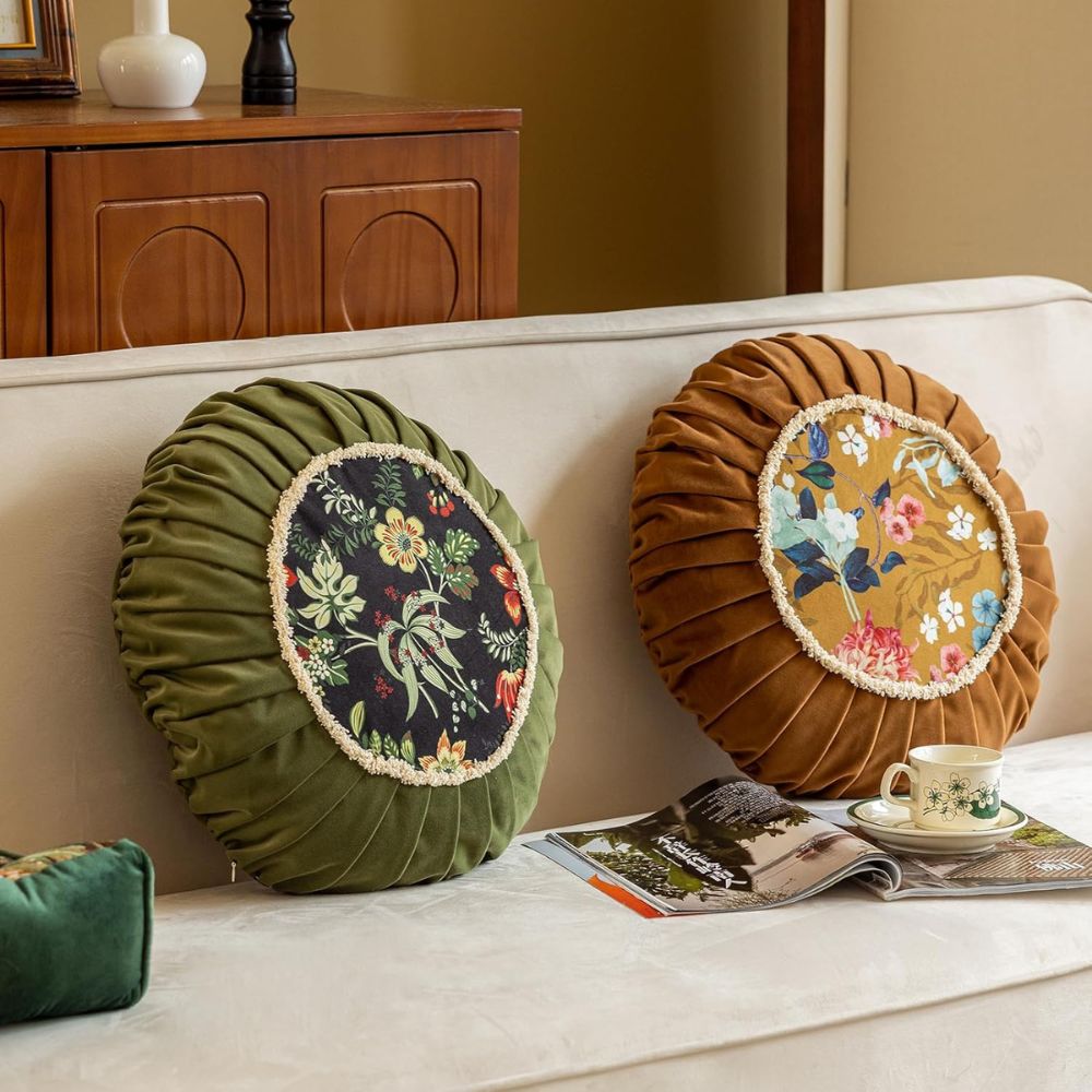 Floral Medley Velvet Round Cushion — product in use