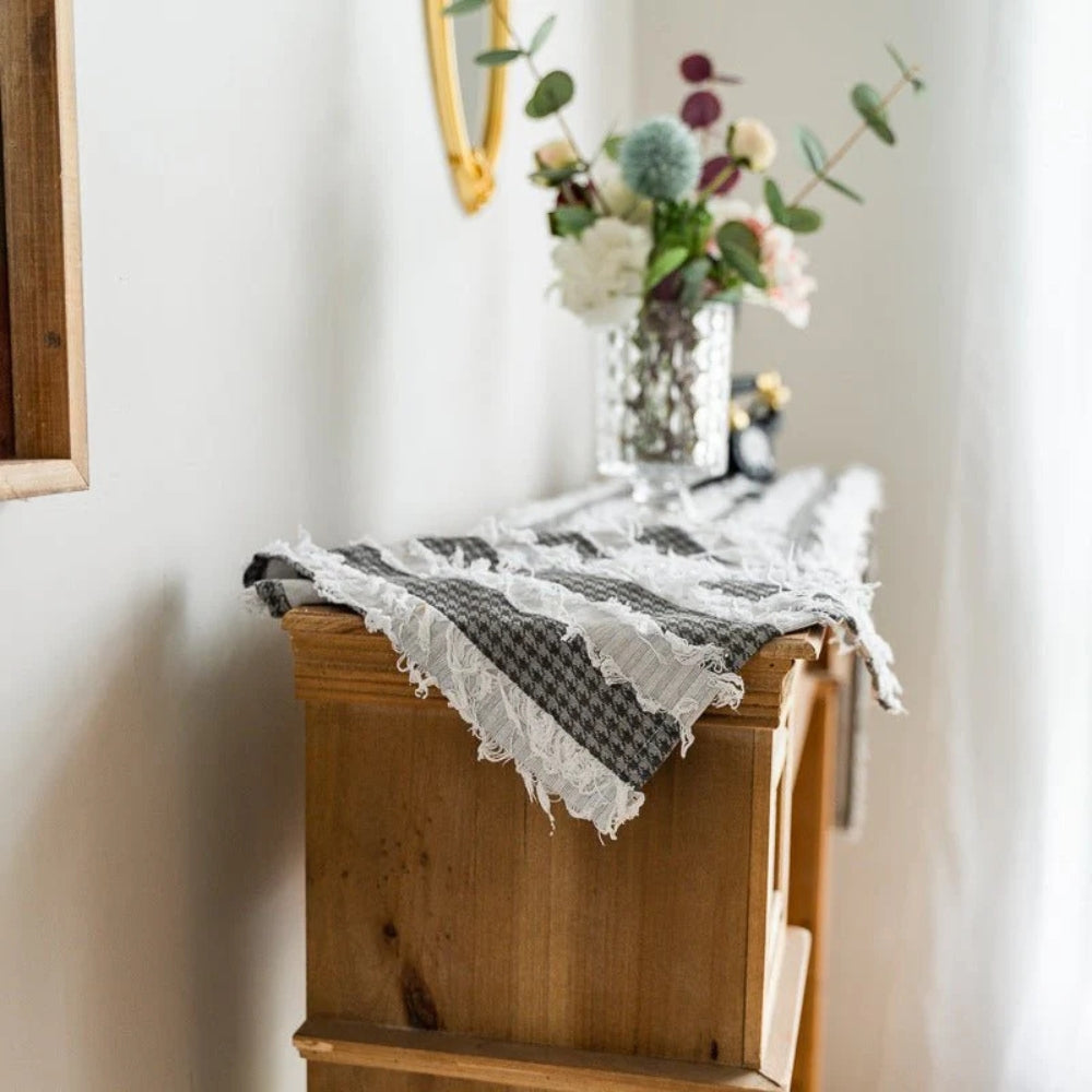 Frayed Fabric Strips Table Runner — alternate angle view