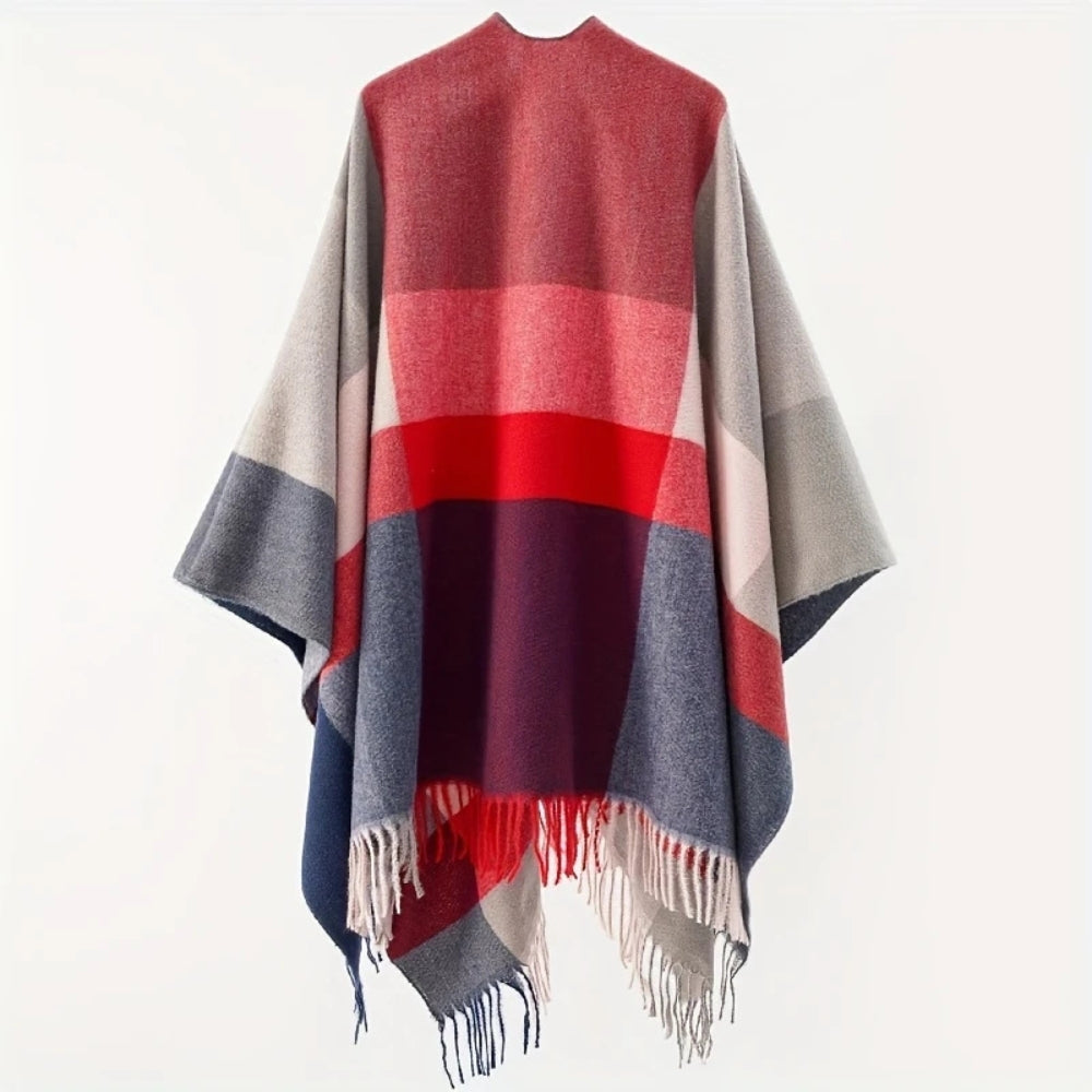Geometric Fringe Windproof Cardigan Poncho — product detail view