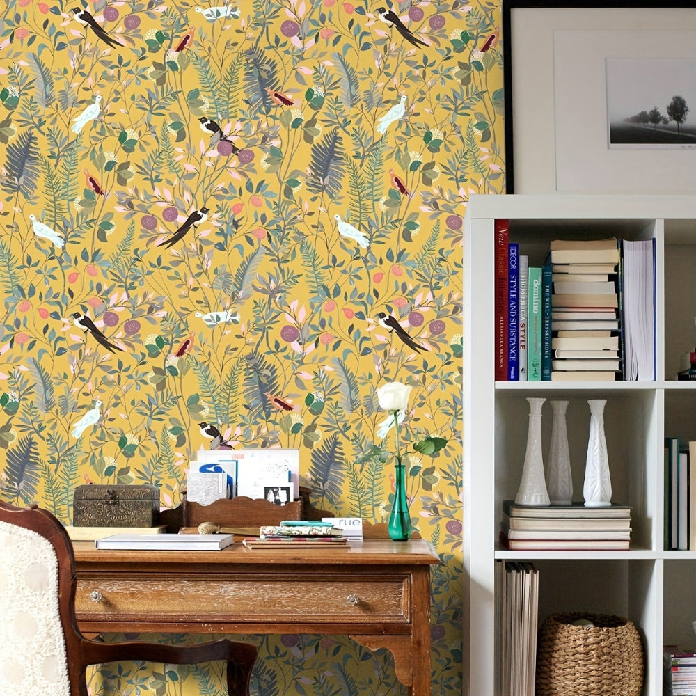 Golden Canopy Bird and Leaf Peelable Wallpaper — product close-up