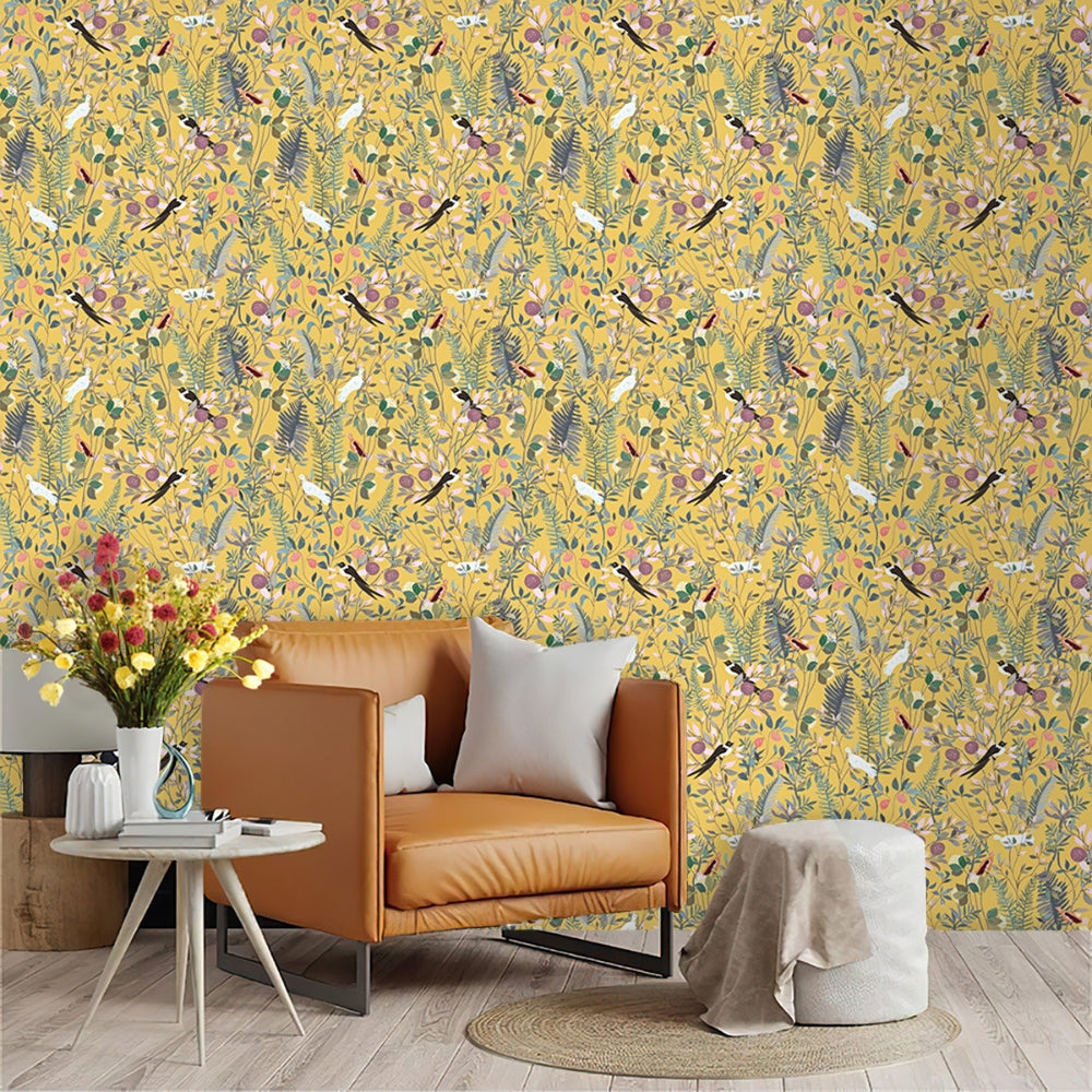 Golden Canopy Bird and Leaf Peelable Wallpaper — main product photo