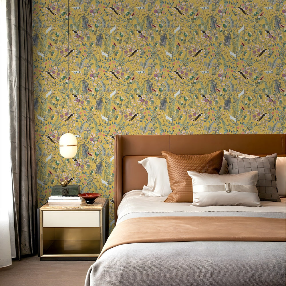 Golden Canopy Bird and Leaf Peelable Wallpaper — product detail view