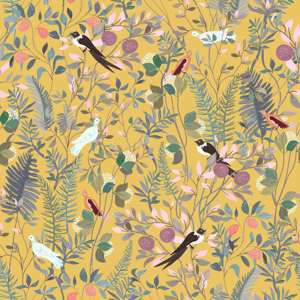 Golden Canopy Bird and Leaf Peelable Wallpaper — material texture close-up