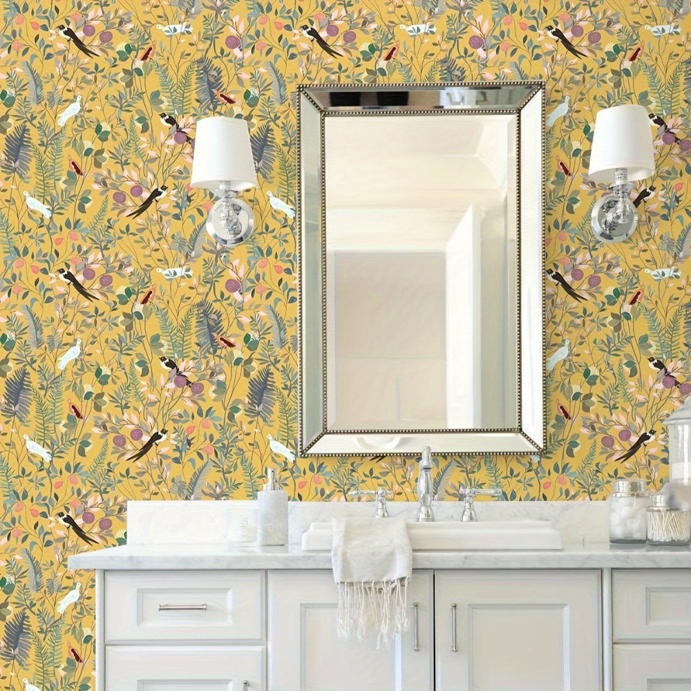 Golden Canopy Bird and Leaf Peelable Wallpaper — product feature detail