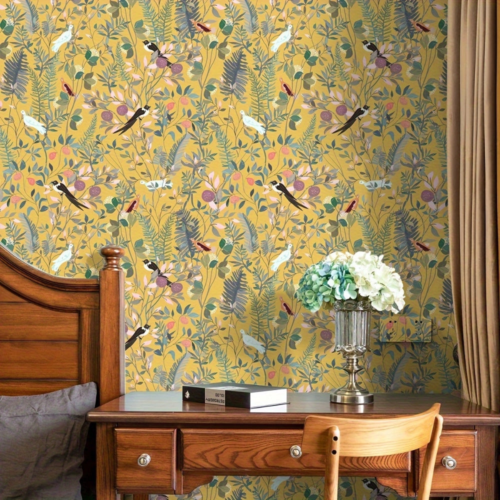 Golden Canopy Bird and Leaf Peelable Wallpaper — lifestyle shot