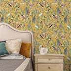 Golden Canopy Bird and Leaf Peelable Wallpaper — product in use