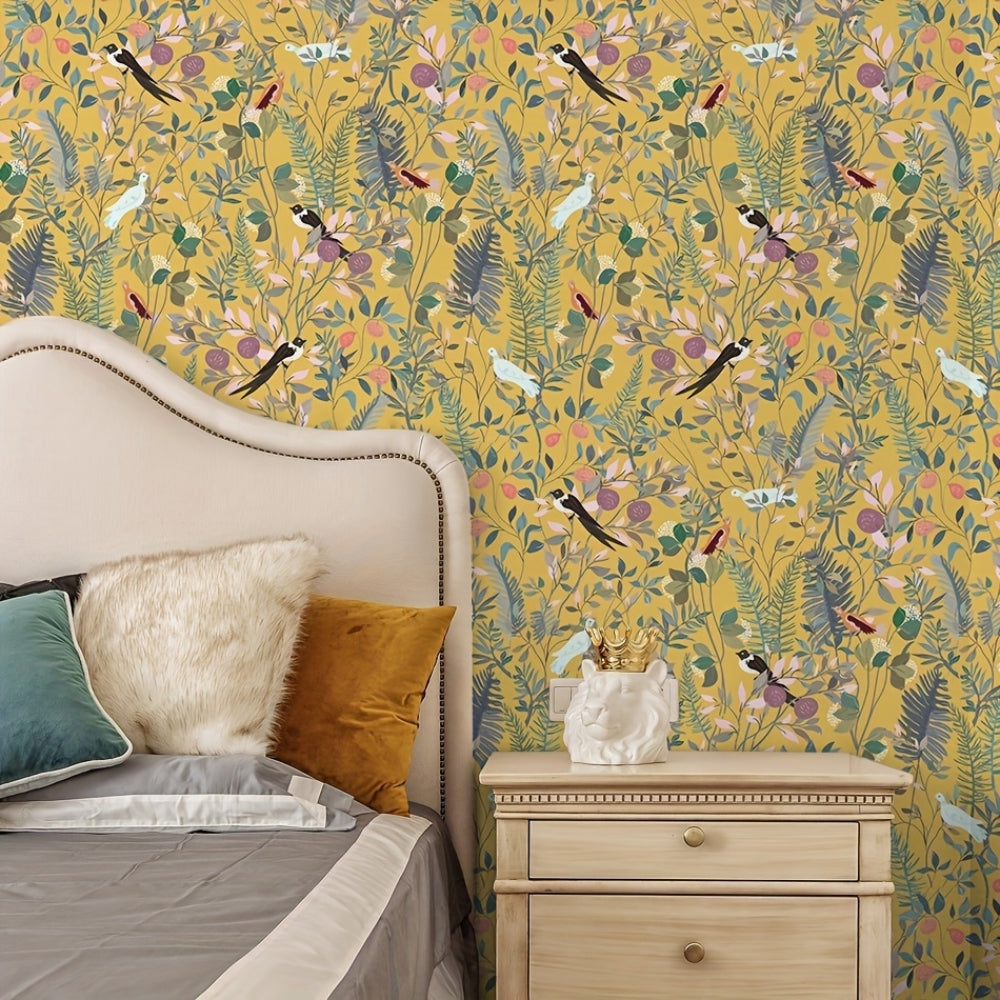 Golden Canopy Bird and Leaf Peelable Wallpaper — product in use