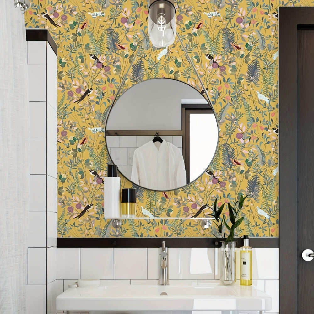 Golden Canopy Bird and Leaf Peelable Wallpaper — additional view
