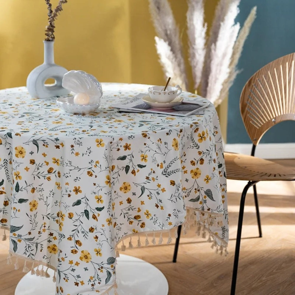 Golden Tassel Floral Round Table Cloth — product detail view