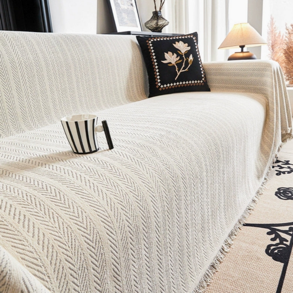 Herringbone Chenille Tassels Sofa Cover — alternate angle view