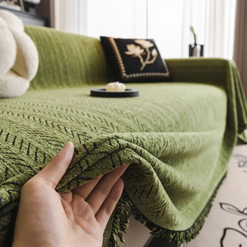 Herringbone Chenille Tassels Sofa Cover — product close-up