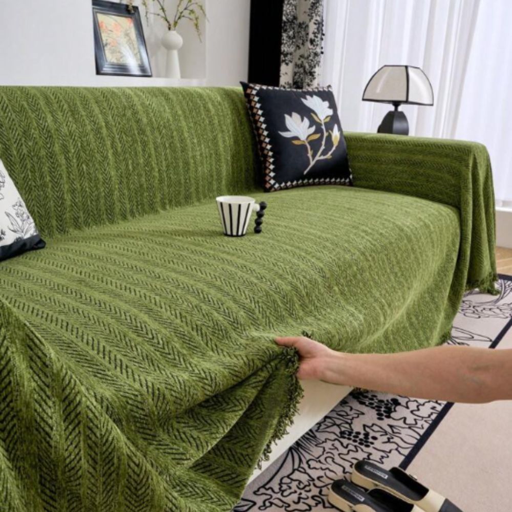 Herringbone Chenille Tassels Sofa Cover — lifestyle shot