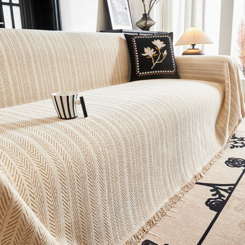 Herringbone Chenille Tassels Sofa Cover — product feature detail