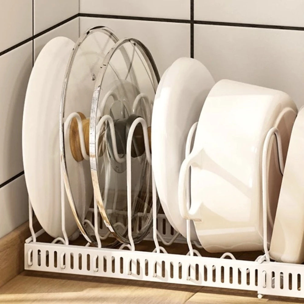 Iron Dish Pot Lid and Utensils Storage Rack — product in use