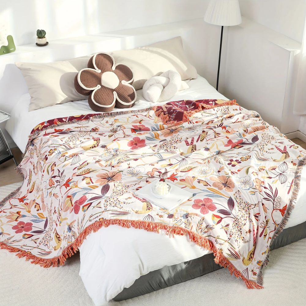Jungle Bloom Reversible Cotton Blanket — product detail view