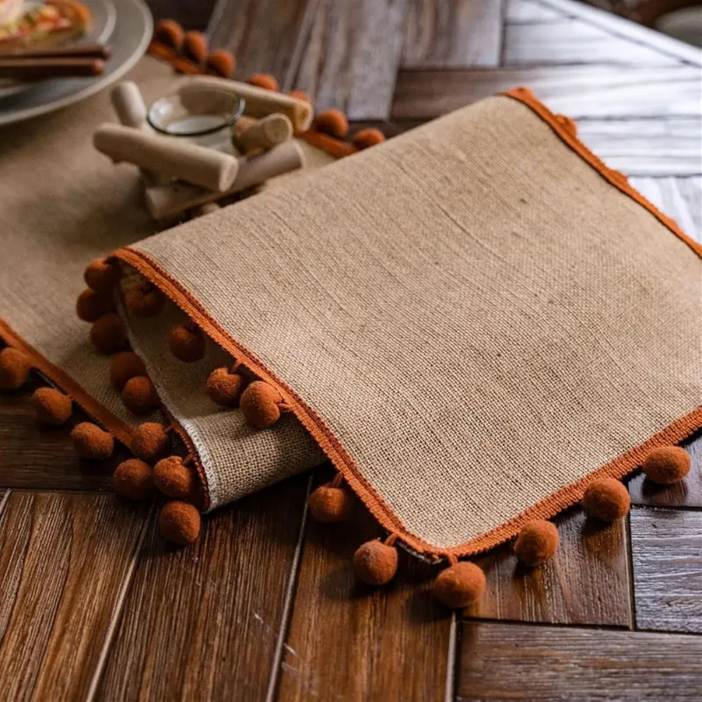 Jute Bohemian Pom-Pom Table Runner — lifestyle shot